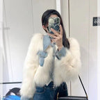 Womens Denim Patchwork Faux Fur Short Coat