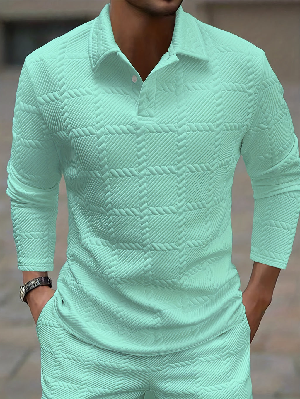 Mens Solid-Color Lapel Front-Button Long-Sleeve Polo Shirt