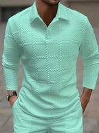 Mens Solid-Color Lapel Front-Button Long-Sleeve Polo Shirt