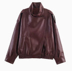 Womens Fashion Faux-leather Jacket With A Stand-up Collar From Europe And The US