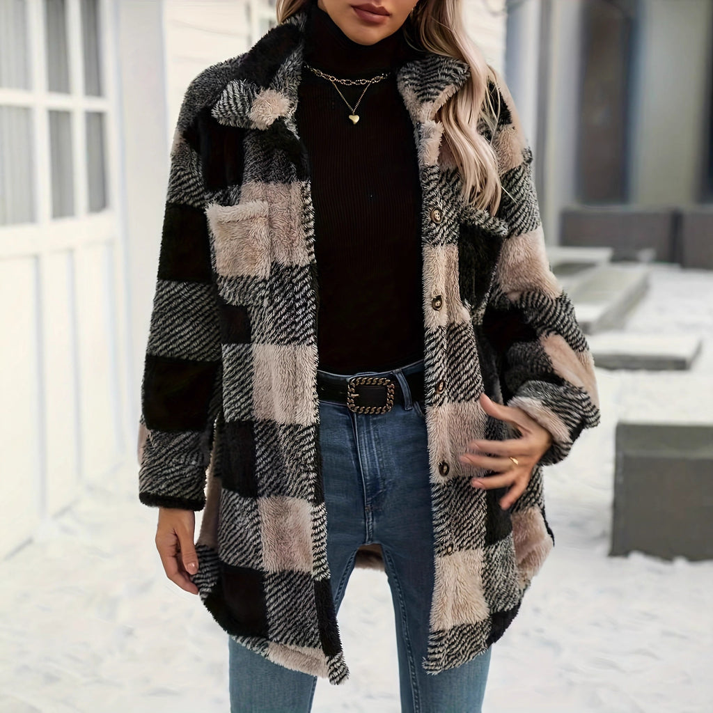Womens Autumn Winter Long-Sleeve Plaid Fleece Coat With Dual Pockets In Plus Sizes