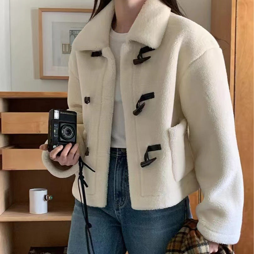 Vintage Shearling Fur-and-leather Combo Warm Short Coat With Horn Buttons