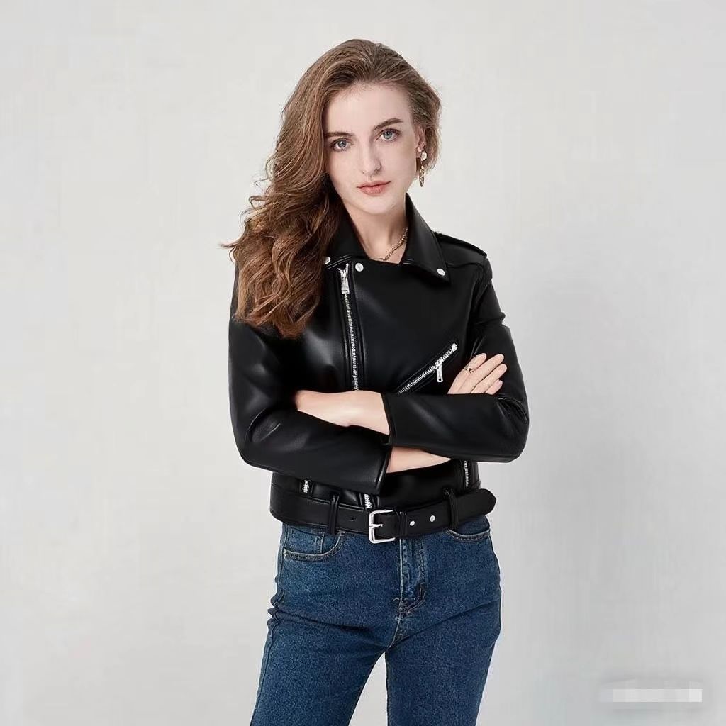 Women's Fashion Diagonal Zipper Slim Fit Washed Motorcycle Jacket