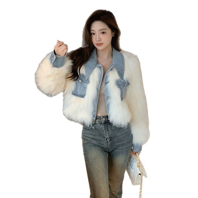Womens Denim Patchwork Faux Fur Short Coat