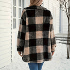 Womens Autumn Winter Long-Sleeve Plaid Fleece Coat With Dual Pockets In Plus Sizes
