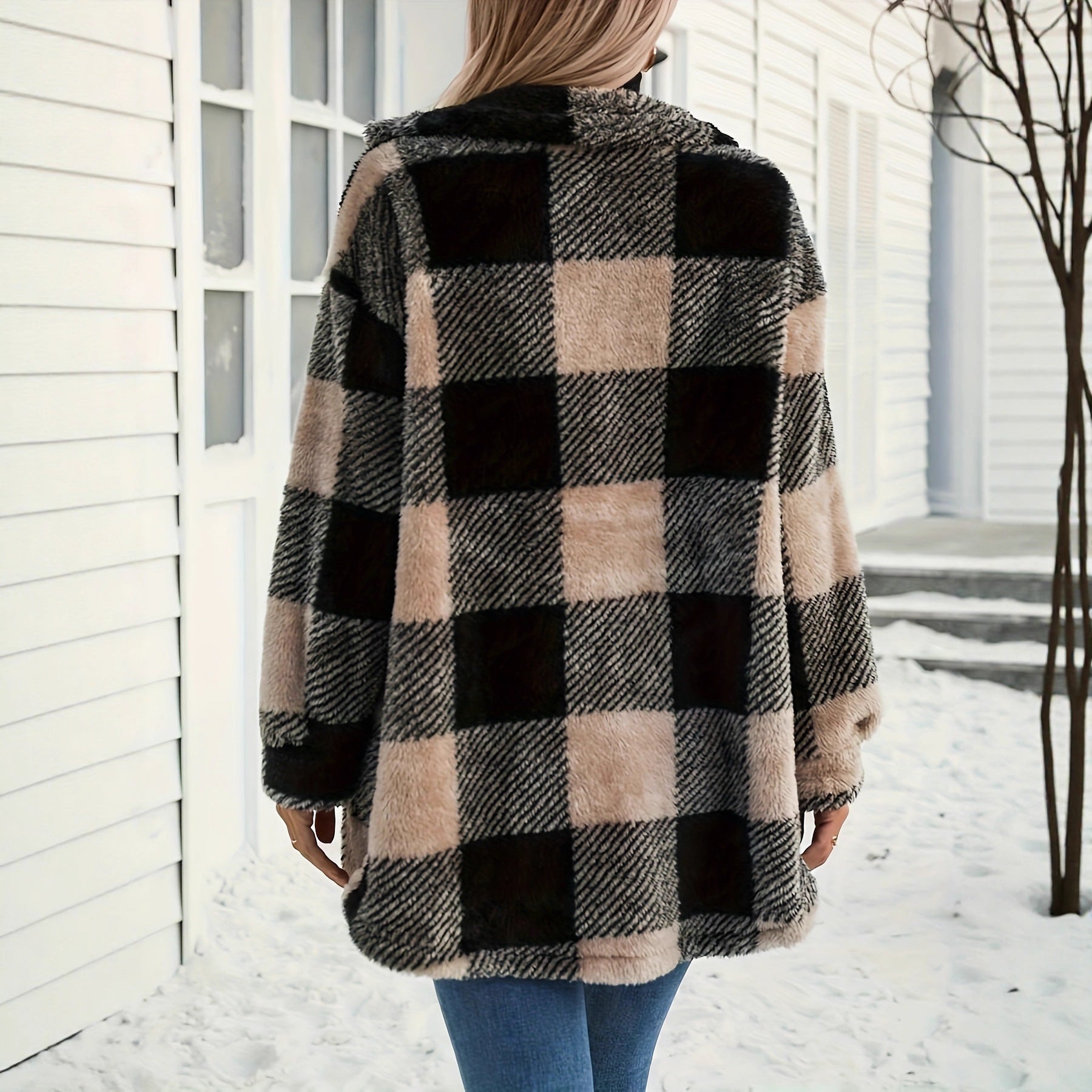 Womens Autumn Winter Long-Sleeve Plaid Fleece Coat With Dual Pockets In Plus Sizes