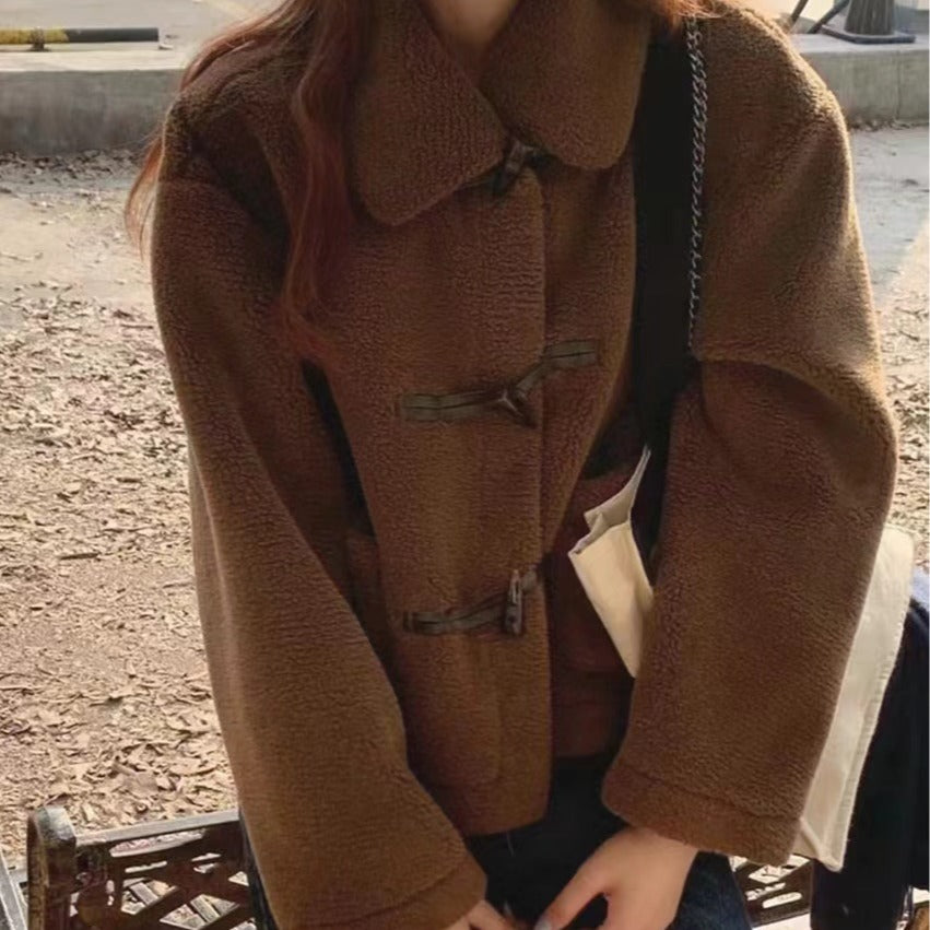 Vintage Shearling Fur-and-leather Combo Warm Short Coat With Horn Buttons