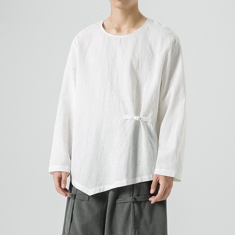 Loose-fitting Plus-size Cotton-linen Crew-neck Pullover Long-sleeve T-shirt