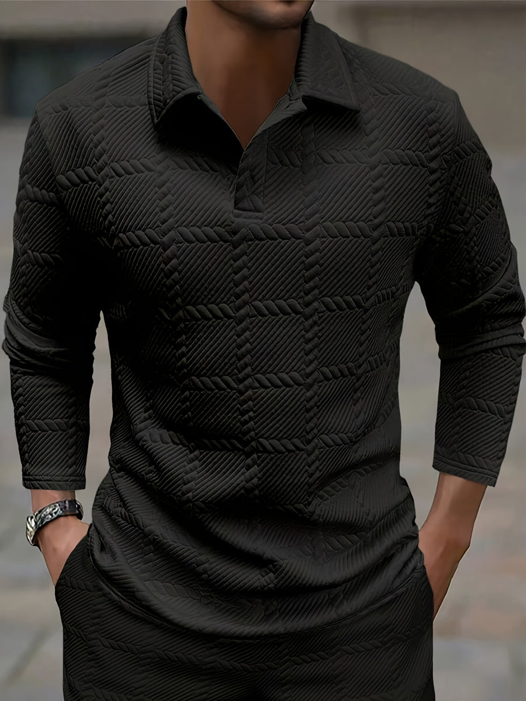 Mens Solid-Color Lapel Front-Button Long-Sleeve Polo Shirt