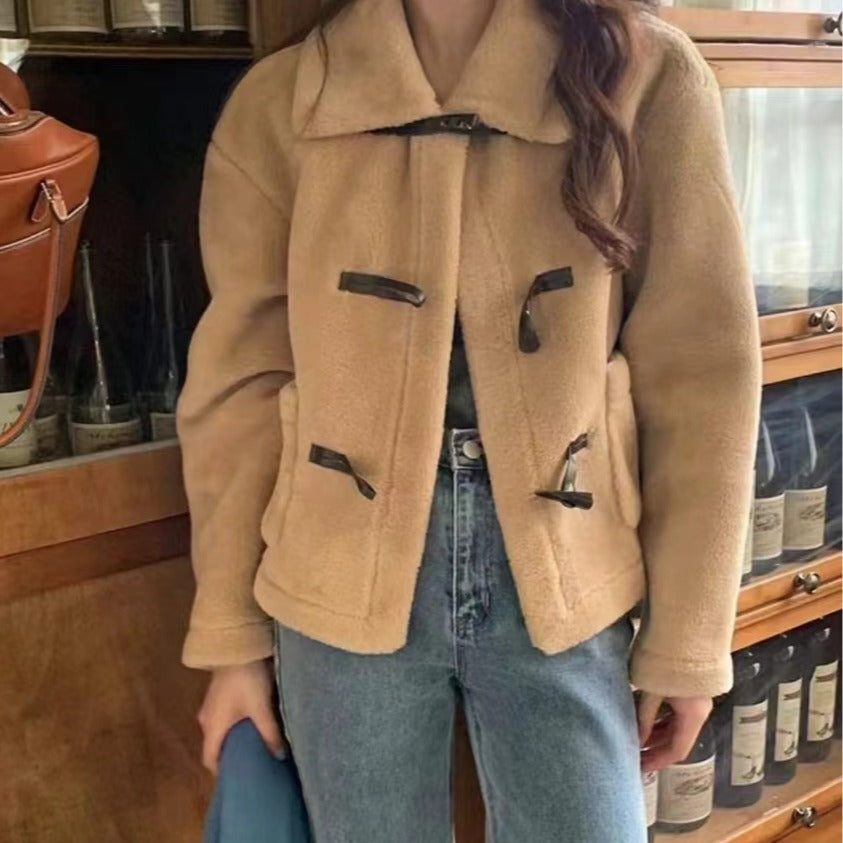 Vintage Shearling Fur-and-leather Combo Warm Short Coat With Horn Buttons