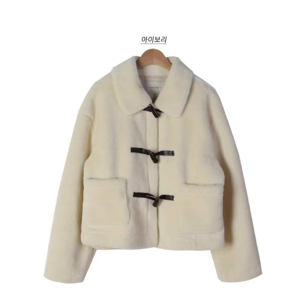 Vintage Shearling Fur-and-leather Combo Warm Short Coat With Horn Buttons