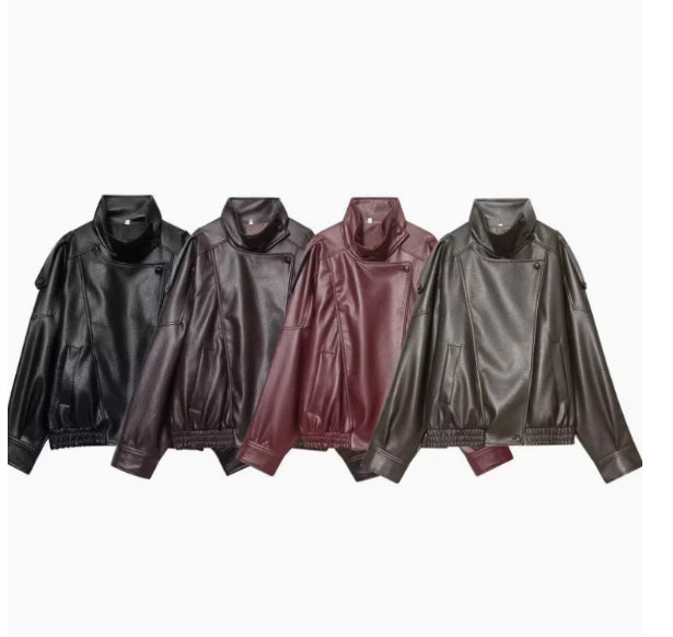 Womens Fashion Faux-leather Jacket With A Stand-up Collar From Europe And The US