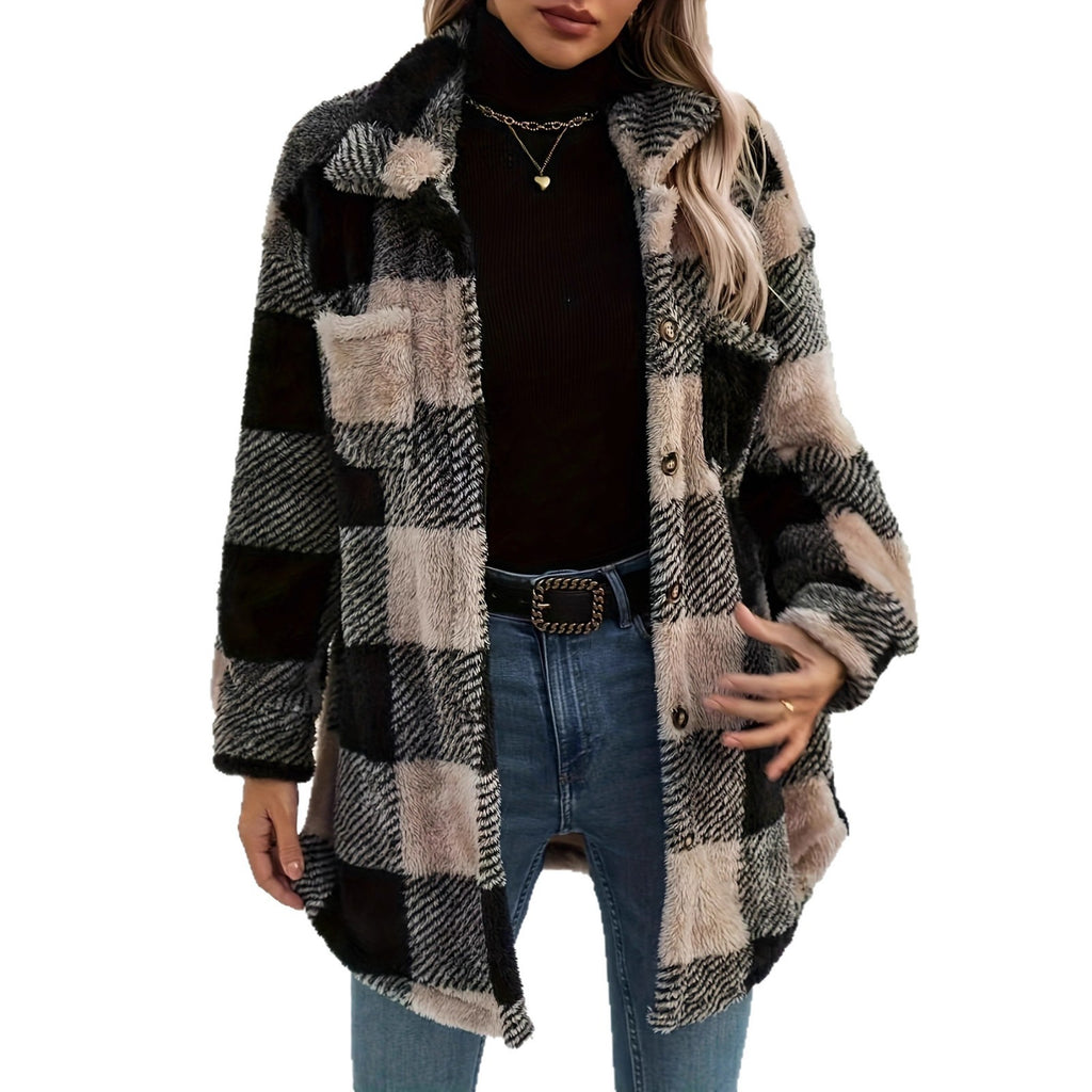 Womens Autumn Winter Long-Sleeve Plaid Fleece Coat With Dual Pockets In Plus Sizes