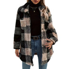 Womens Autumn Winter Long-Sleeve Plaid Fleece Coat With Dual Pockets In Plus Sizes