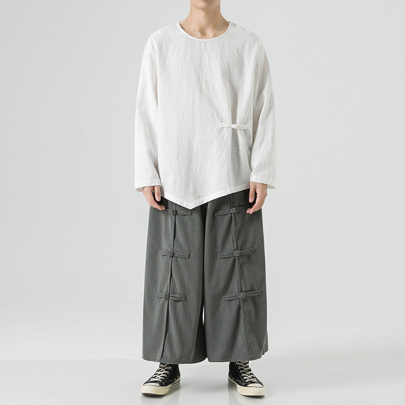 Loose-fitting Plus-size Cotton-linen Crew-neck Pullover Long-sleeve T-shirt