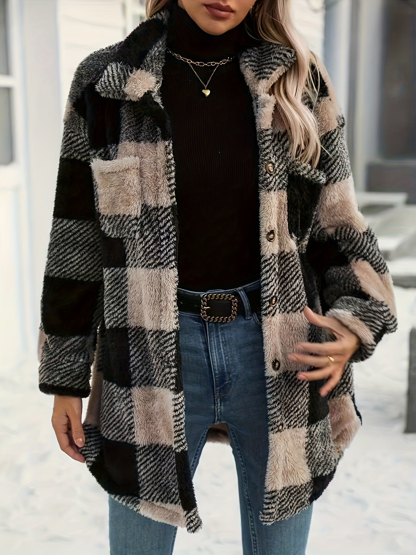 Womens Autumn Winter Long-Sleeve Plaid Fleece Coat With Dual Pockets In Plus Sizes