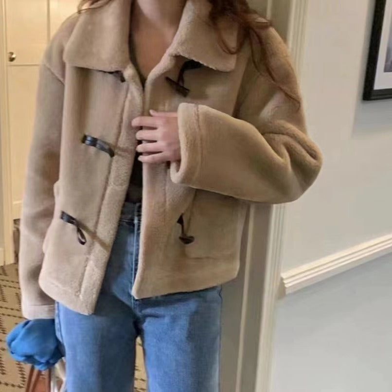 Vintage Shearling Fur-and-leather Combo Warm Short Coat With Horn Buttons