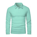 Mens Solid-Color Lapel Front-Button Long-Sleeve Polo Shirt