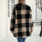 Womens Autumn Winter Long-Sleeve Plaid Fleece Coat With Dual Pockets In Plus Sizes