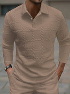 Mens Solid-Color Lapel Front-Button Long-Sleeve Polo Shirt